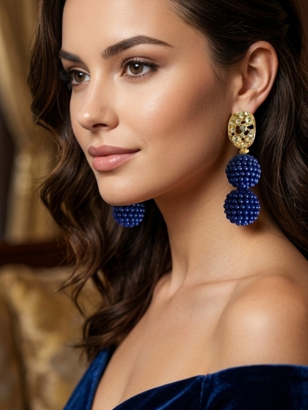 Fashion Jewelry Gold-Tone Earrings with Navy Blue Beaded Spheres